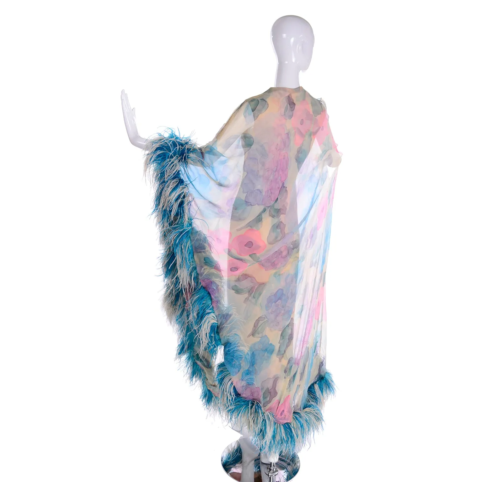 1960s Sarmi Vintage Blue & Pink Floral Silk Chiffon Dress w/ Blue Ostrich Feathers