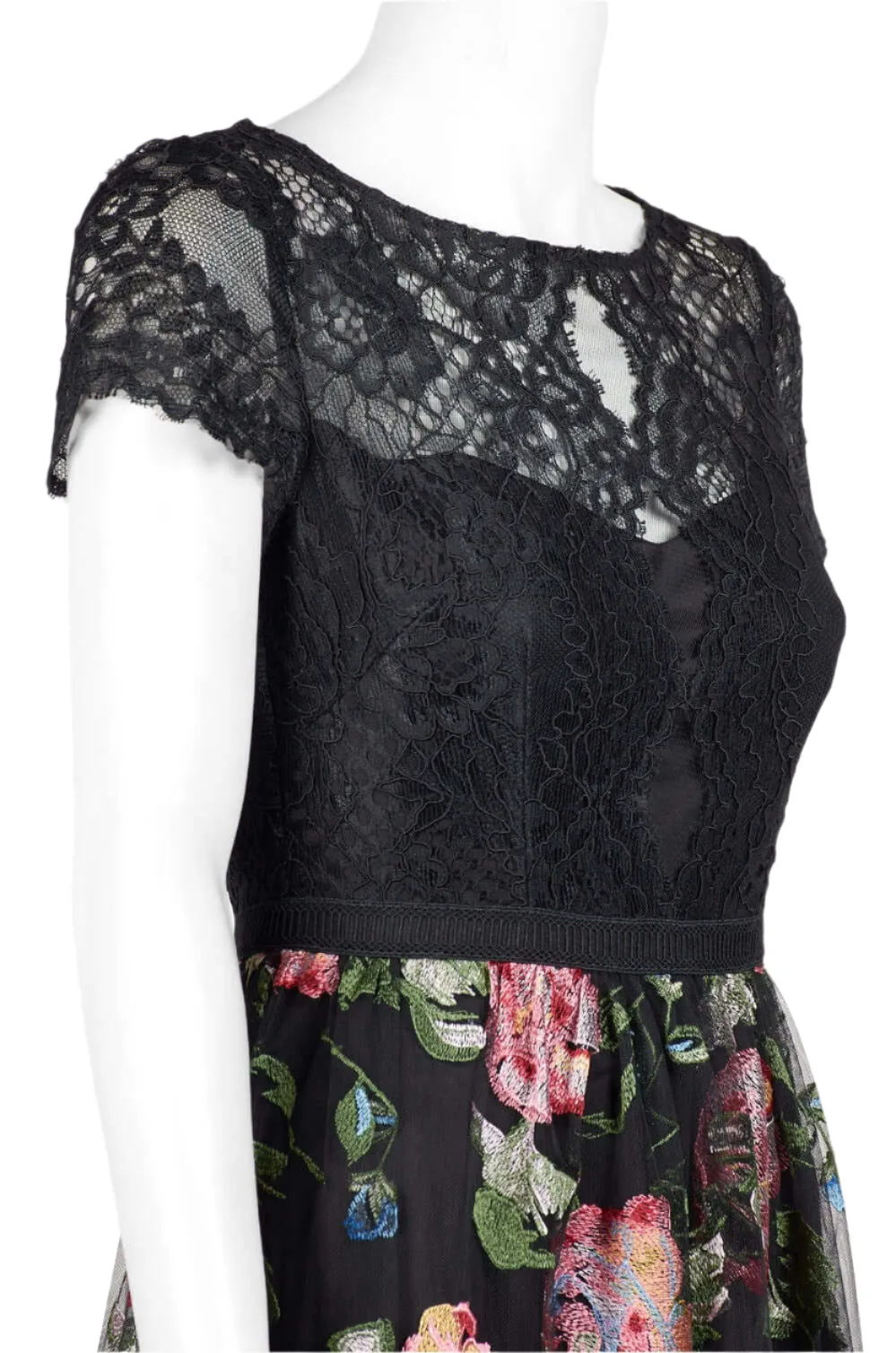 Adrianna Papell Boat Neck Short Sleeve Zipper Back Floral Lace Bodice Floral Embroidered Mesh Gown