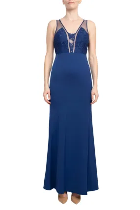 Aidan by Aidan Mattox V-Neck Sleeveless Zipper Back Illusion Floral Embroidered Taffeta Gown