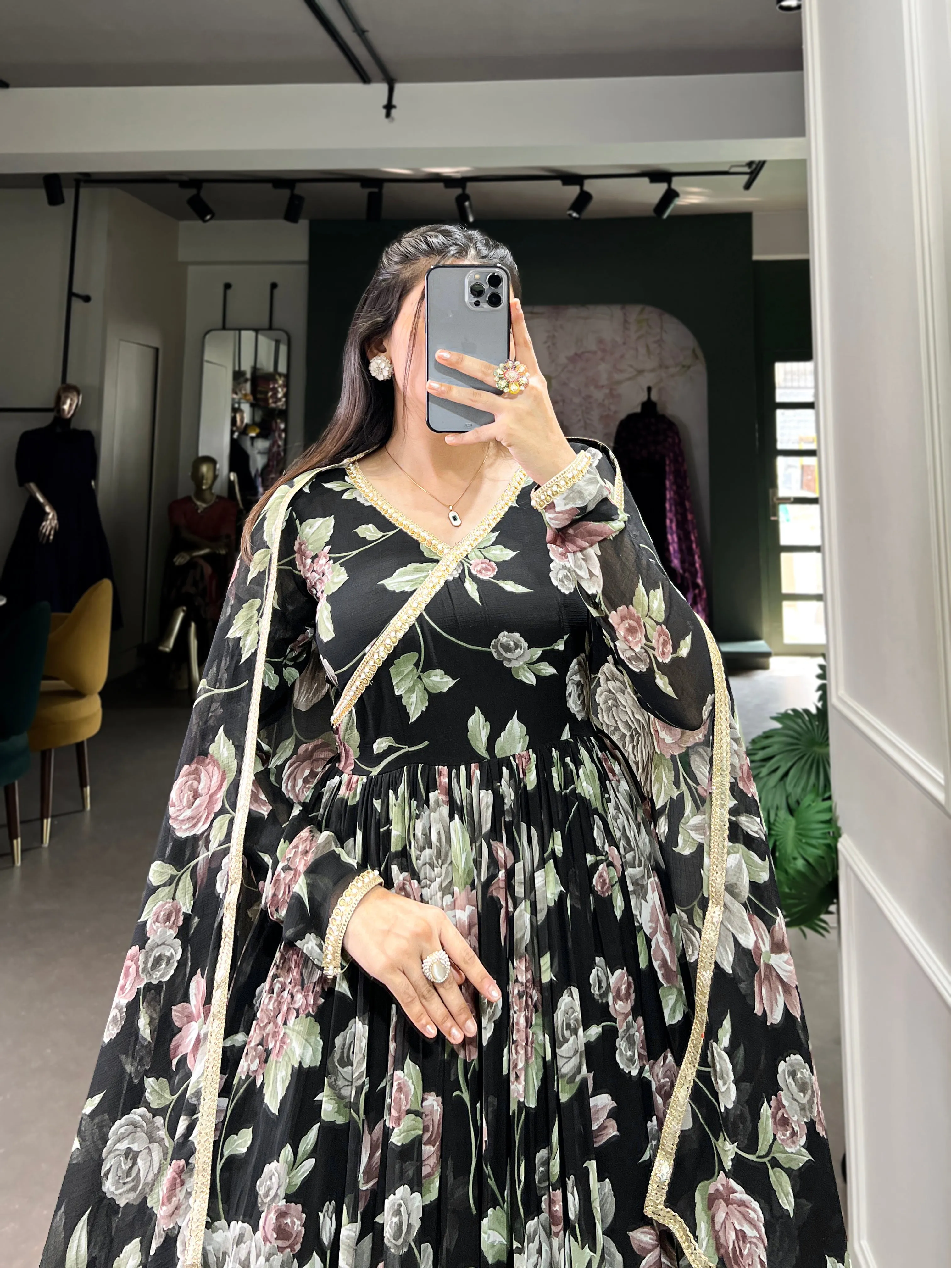 Black Pure Marbel Georgette Long Floral Print Readymade Gown