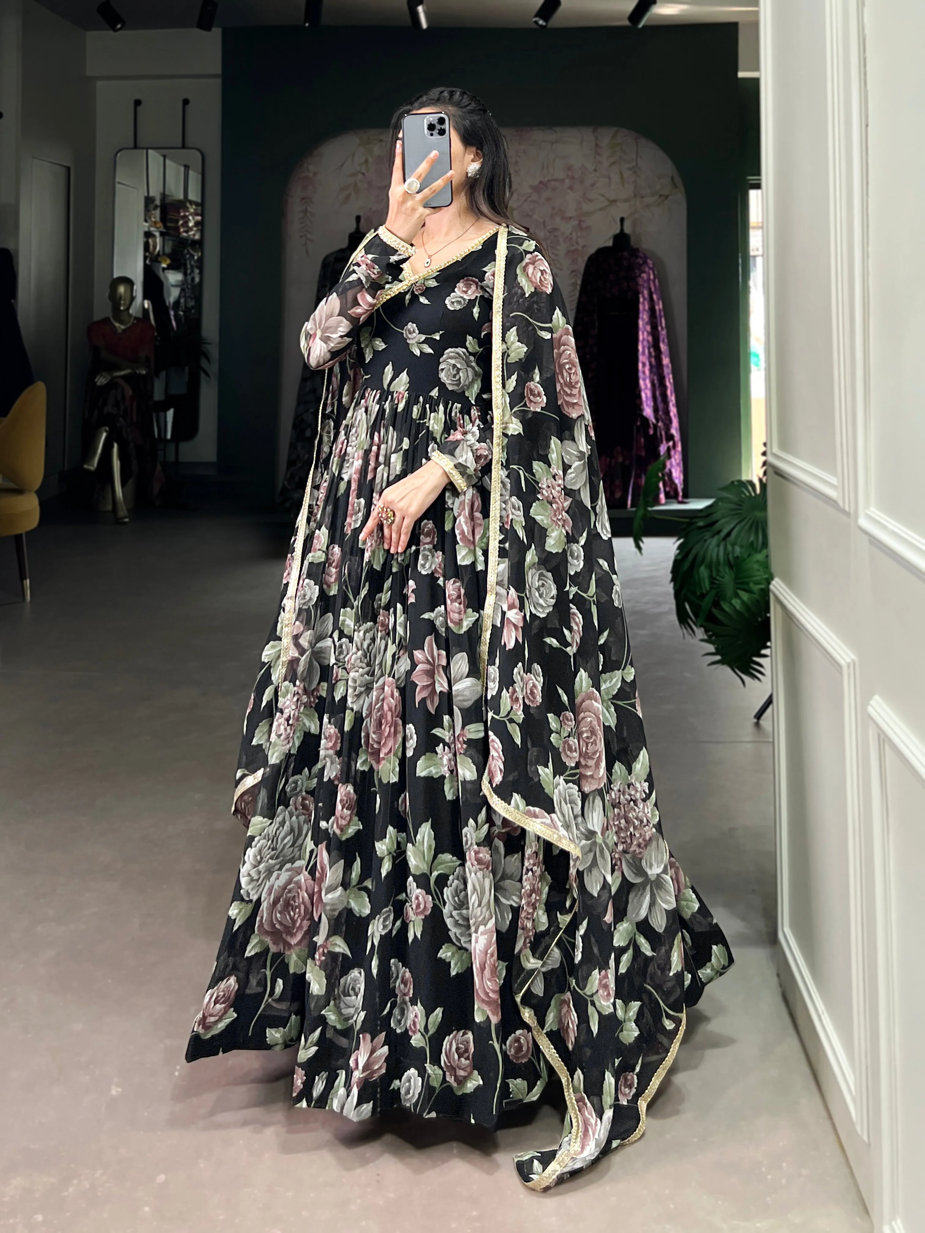 Black Pure Marbel Georgette Long Floral Print Readymade Gown