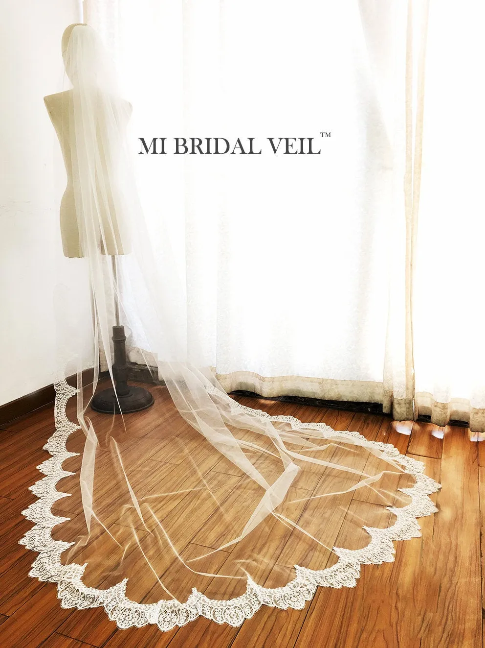 Cathedral Wedding Veil, Eyelash Chantilly Lace Bridal Lace Veil, Lace at Fingertip, Mi Bridal