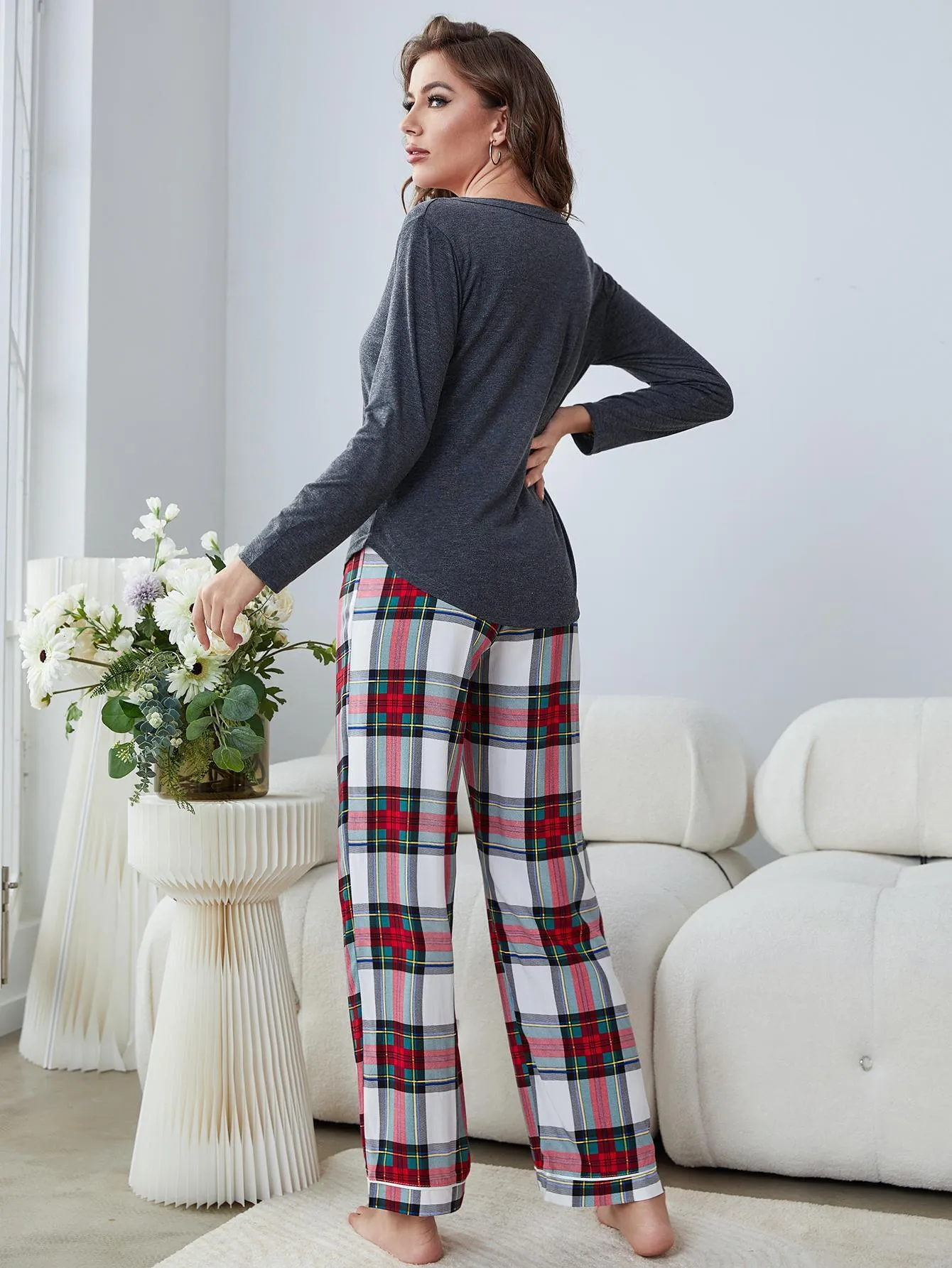 Chic Plush Tartan Loungewear Set with Button-Up Top and Matching Pants