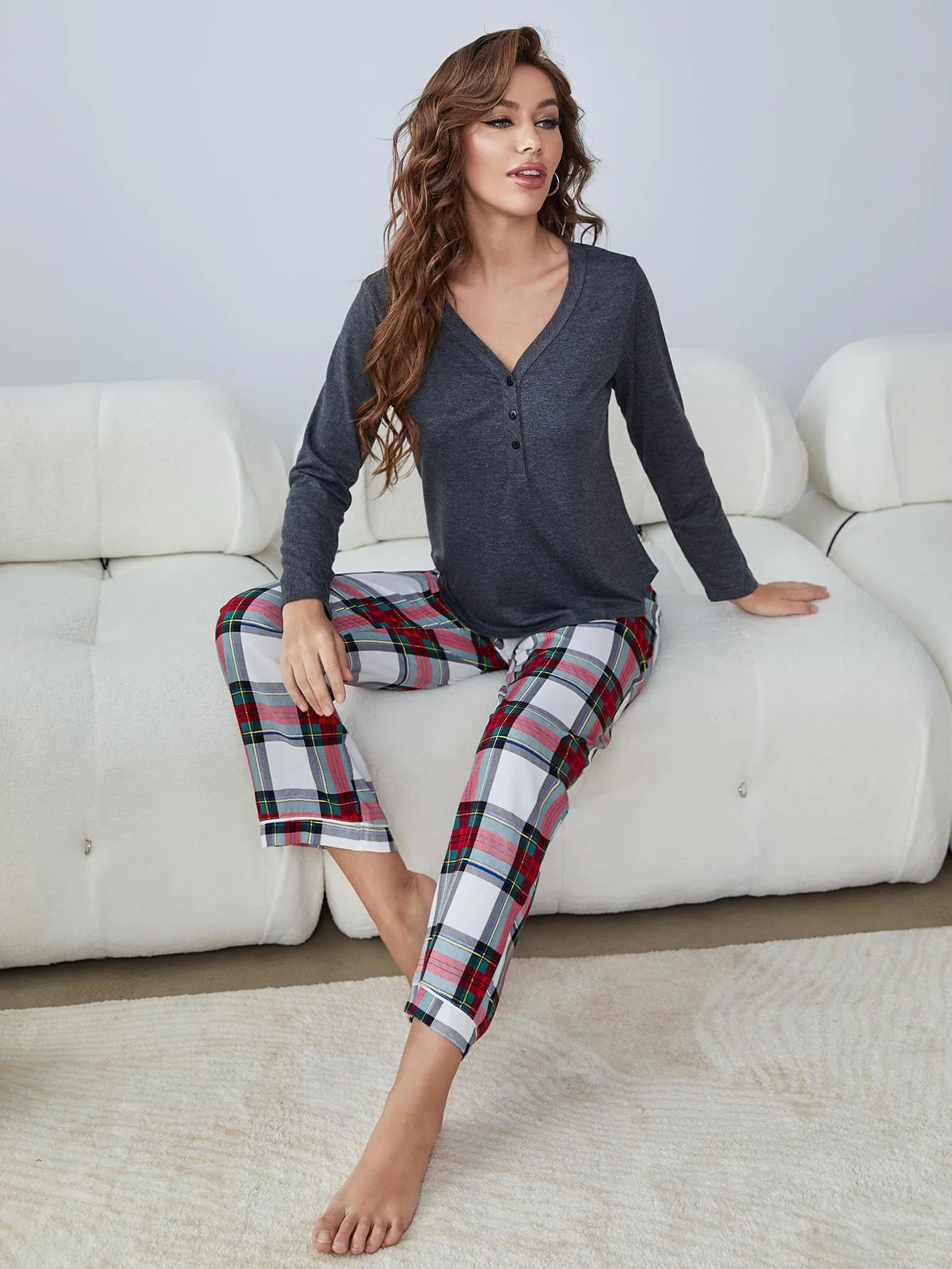 Chic Plush Tartan Loungewear Set with Button-Up Top and Matching Pants