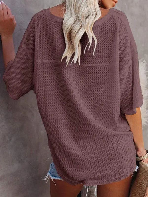 Chic V-Neck Waffle Knit Oversized Tee - Women's Summer Essential Top