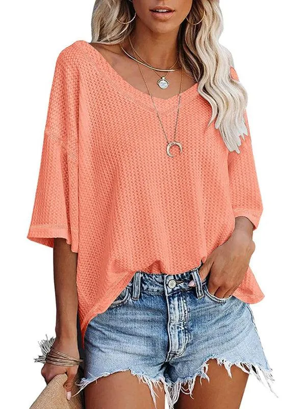 Chic V-Neck Waffle Knit Oversized Tee - Women's Summer Essential Top