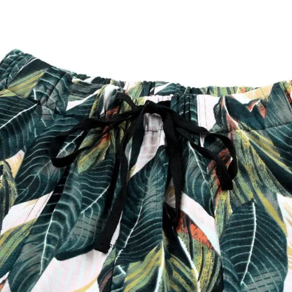 Green Leaves Drawstring Pocketed Shorts
