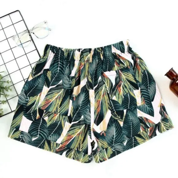 Green Leaves Drawstring Pocketed Shorts