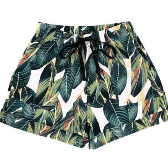 Green Leaves Drawstring Pocketed Shorts
