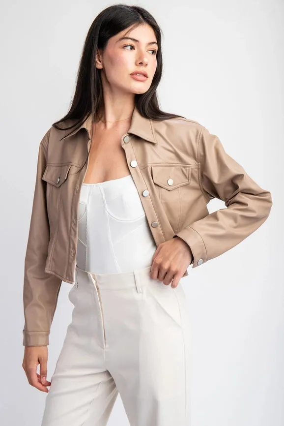 Long Sleeve Faux Leather Crop Jacket MOCHA