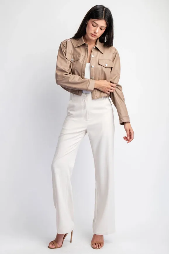 Long Sleeve Faux Leather Crop Jacket MOCHA