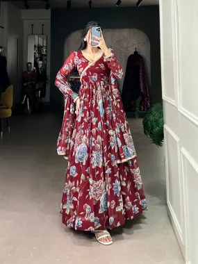 Maroon Pure Marbel Georgette Long Floral Print Readymade Gown