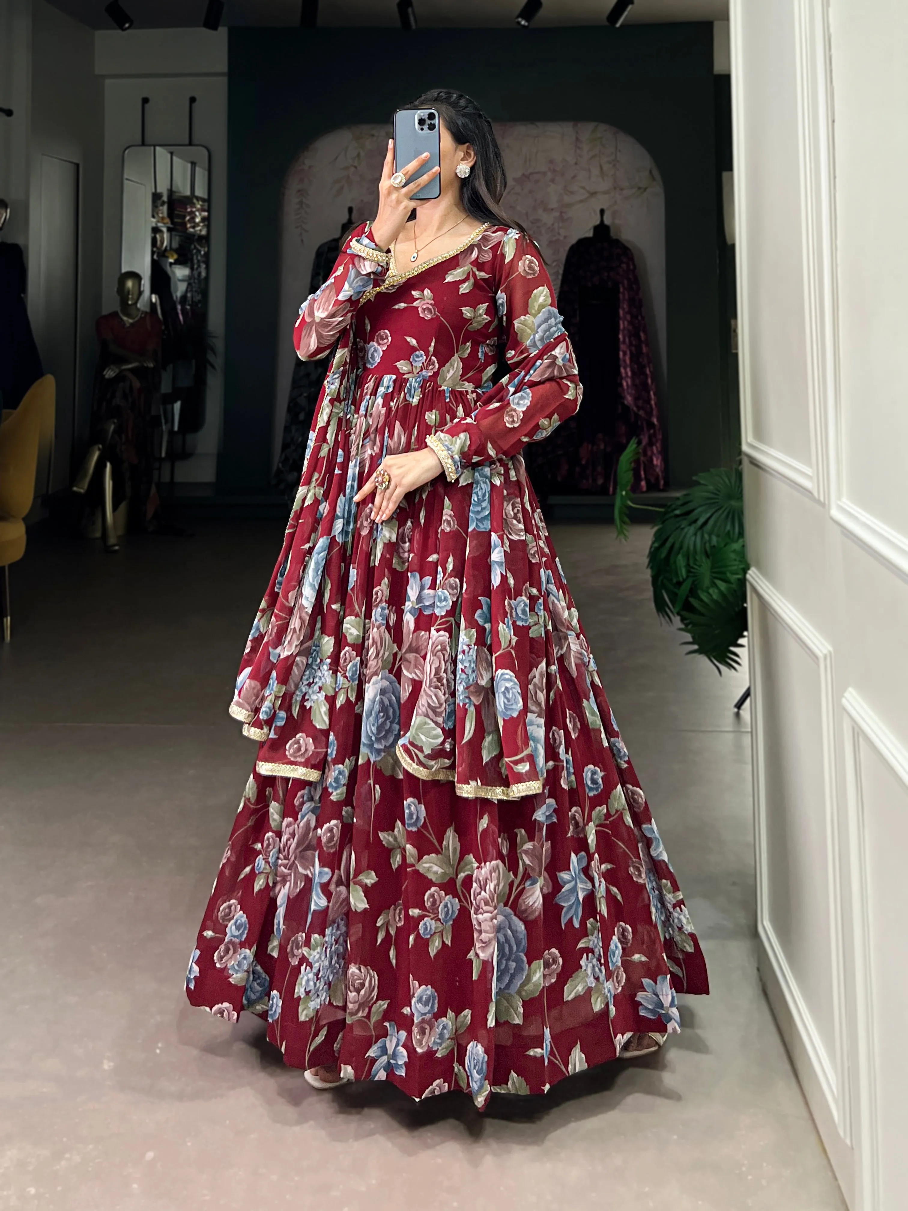 Maroon Pure Marbel Georgette Long Floral Print Readymade Gown