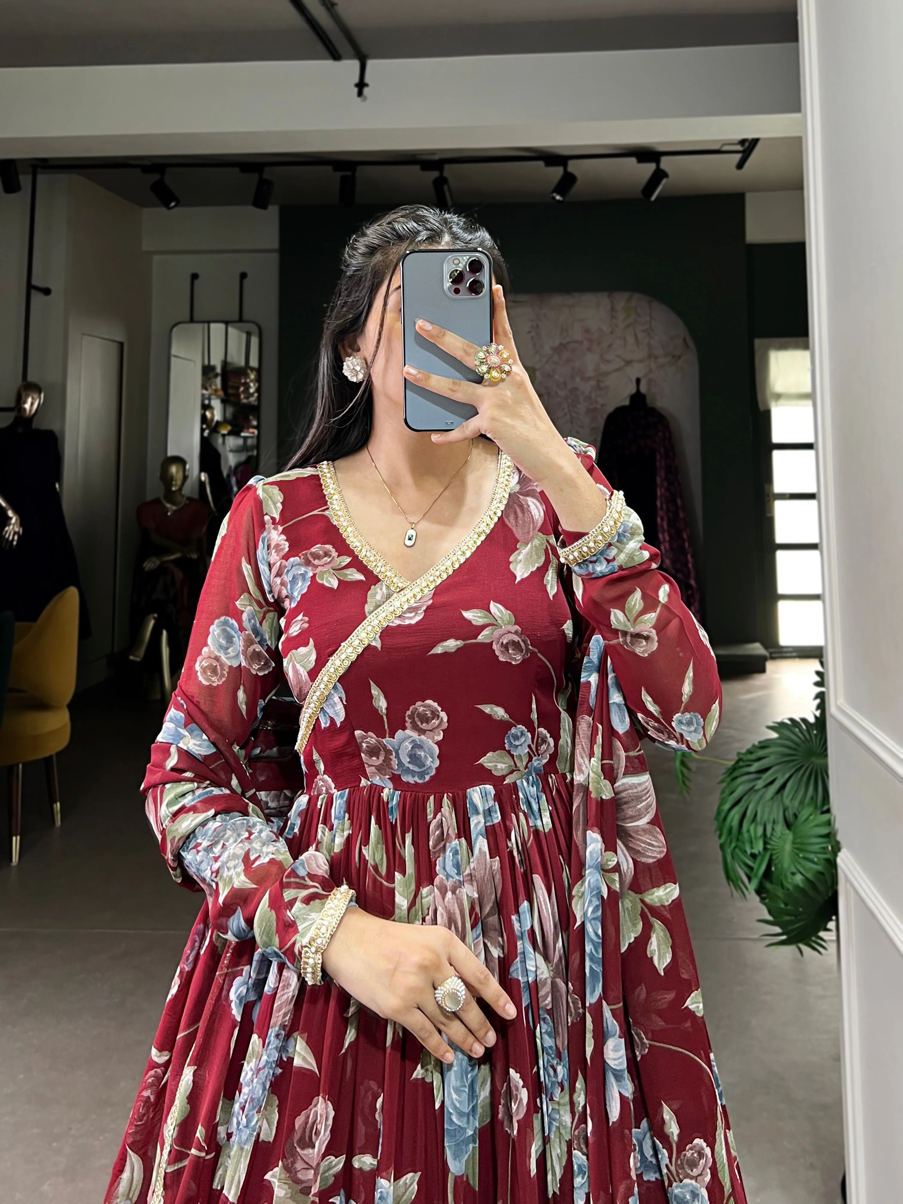 Maroon Pure Marbel Georgette Long Floral Print Readymade Gown
