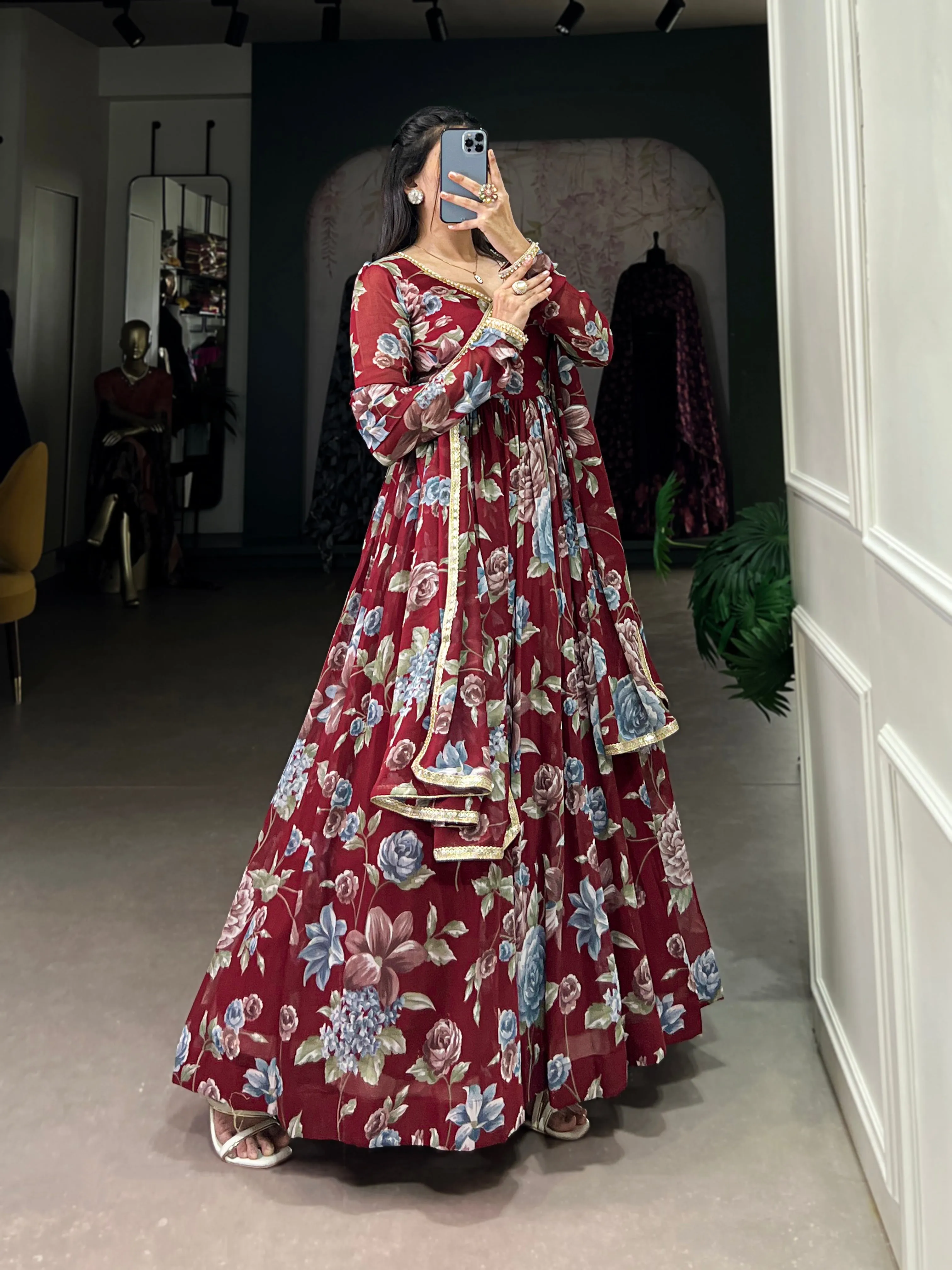 Maroon Pure Marbel Georgette Long Floral Print Readymade Gown