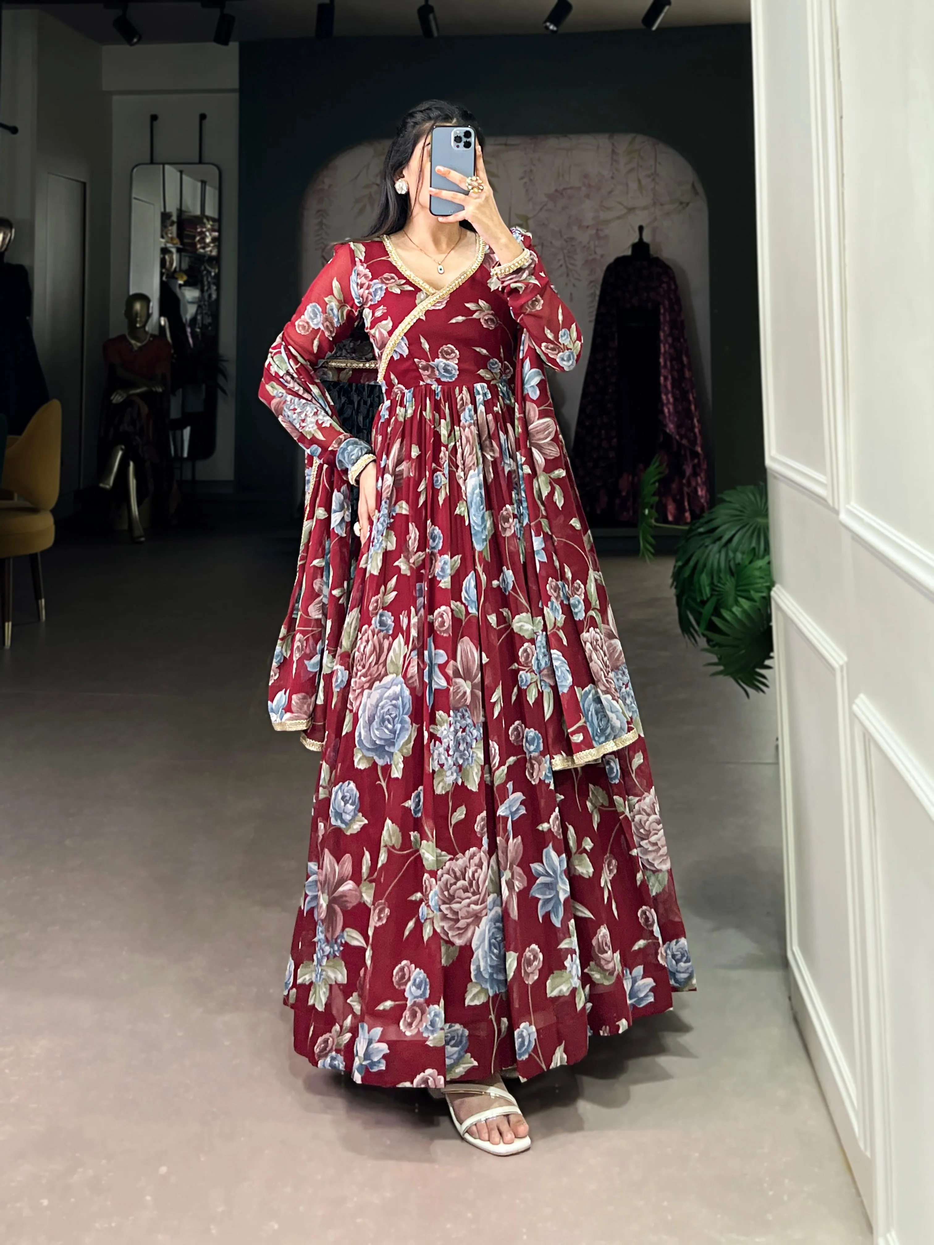 Maroon Pure Marbel Georgette Long Floral Print Readymade Gown
