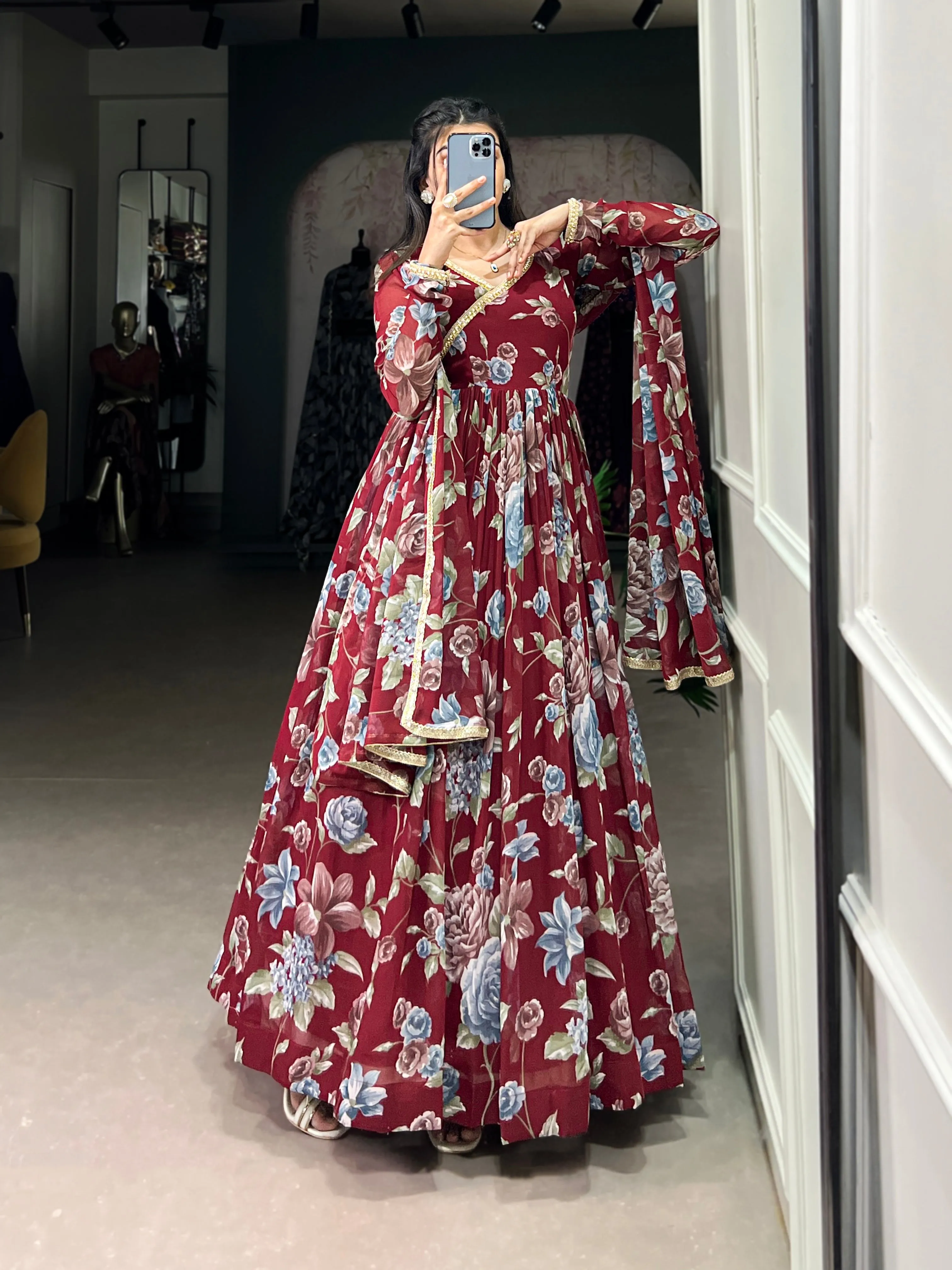 Maroon Pure Marbel Georgette Long Floral Print Readymade Gown