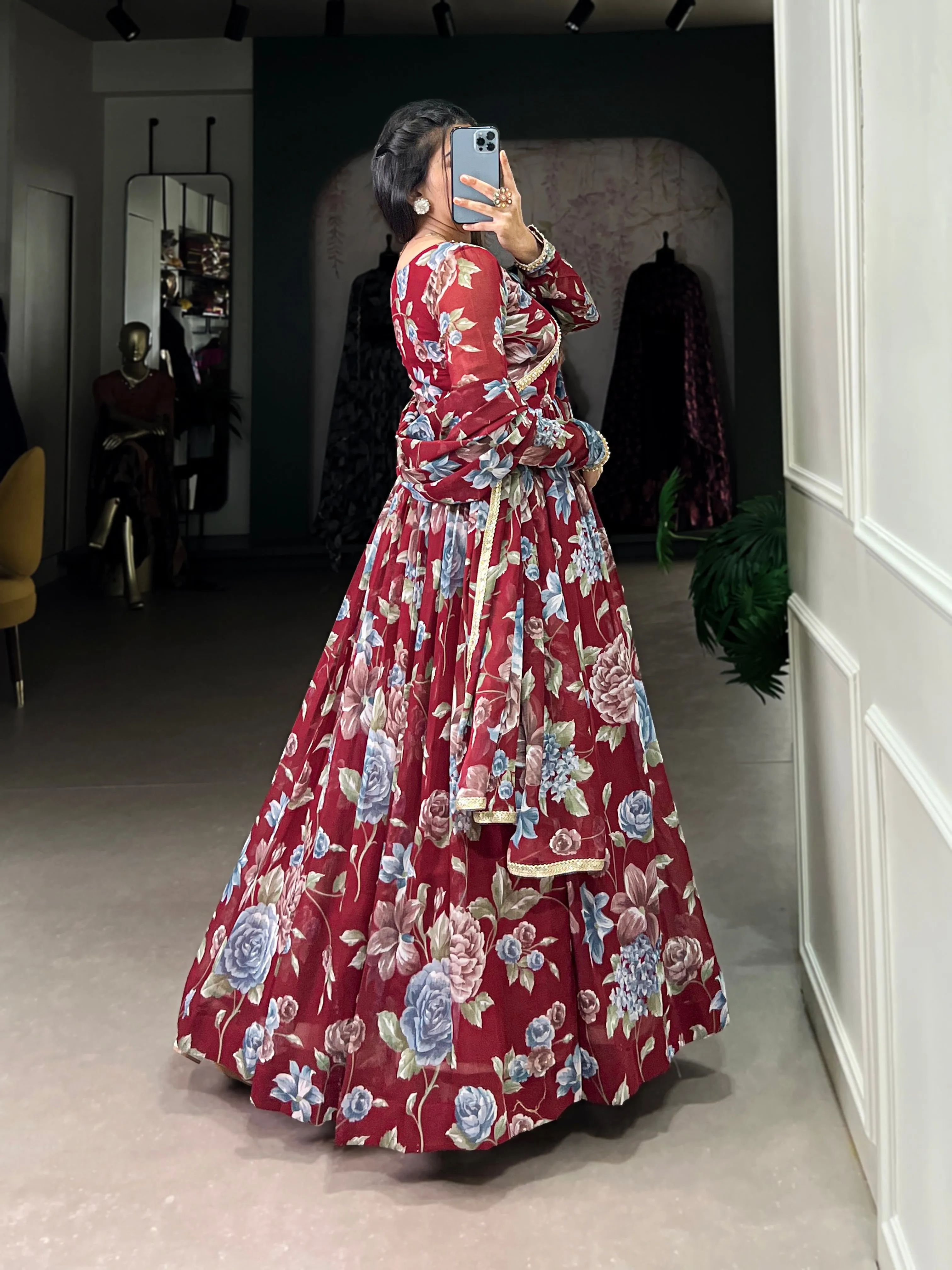 Maroon Pure Marbel Georgette Long Floral Print Readymade Gown