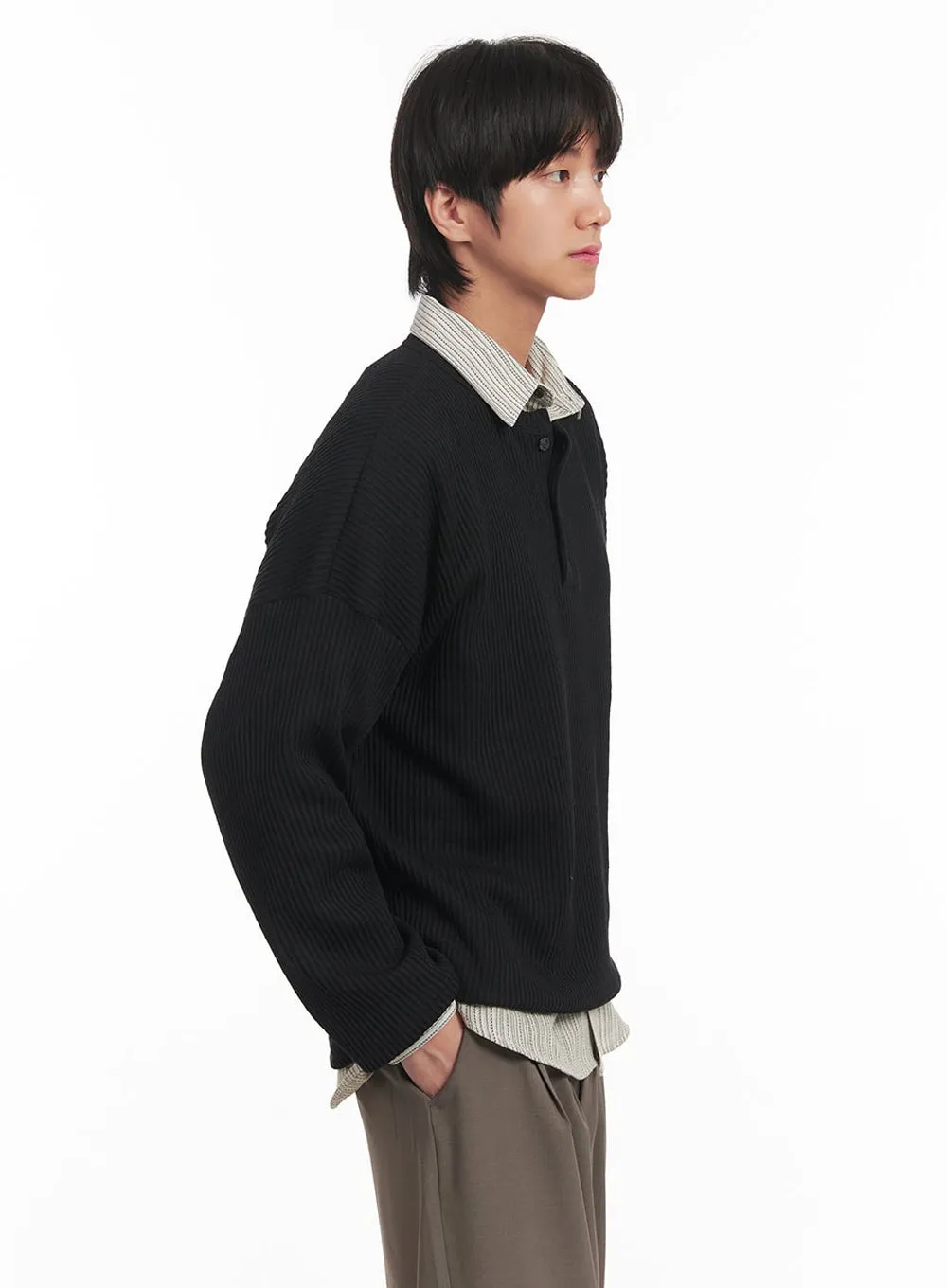Men's Ribbed Buttoned Long-Sleeve Shirt IA510