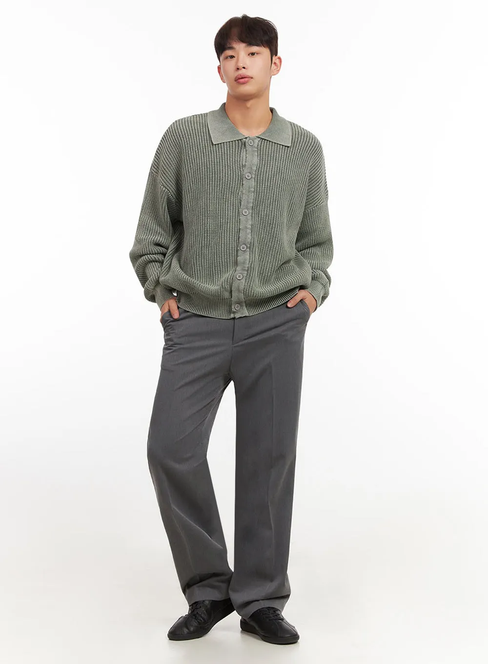 Men's Ribbed Washed Buttoned Collar Cardigan IF517
