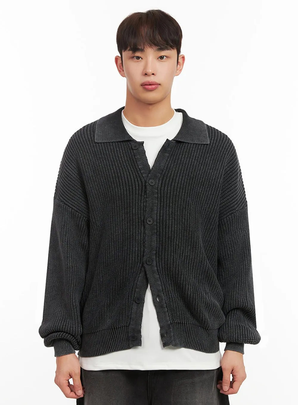Men's Ribbed Washed Buttoned Collar Cardigan IF517