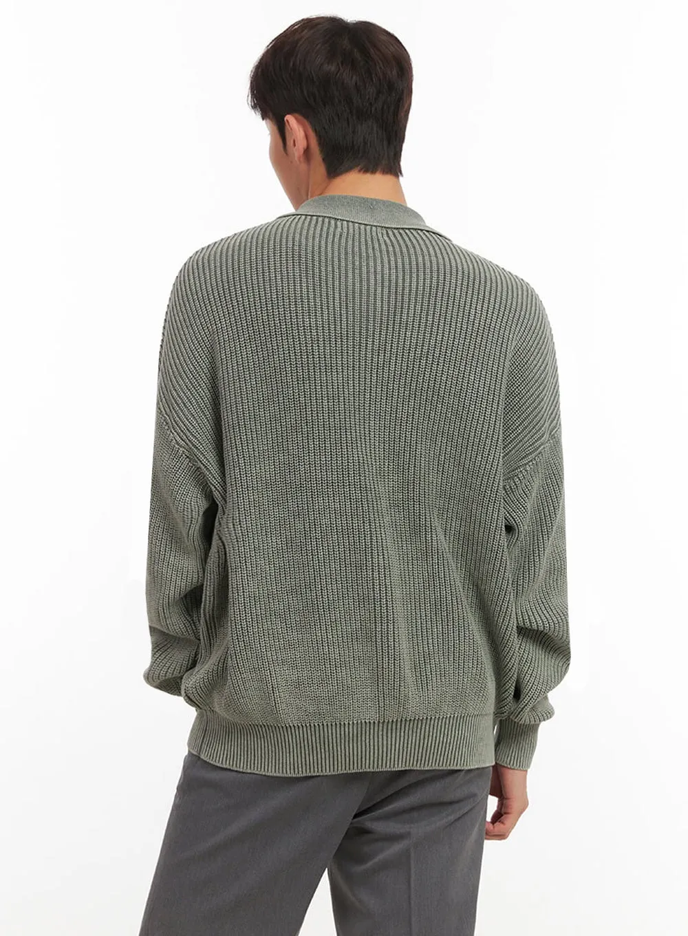 Men's Ribbed Washed Buttoned Collar Cardigan IF517