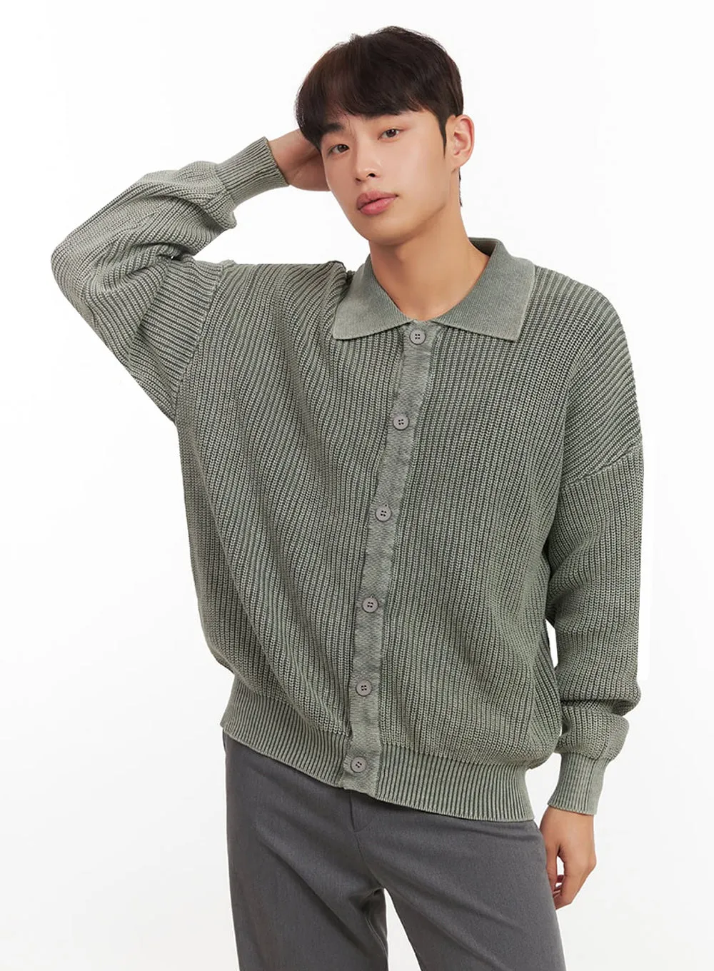 Men's Ribbed Washed Buttoned Collar Cardigan IF517