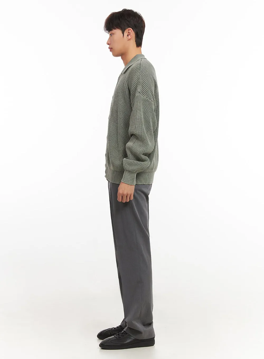 Men's Ribbed Washed Buttoned Collar Cardigan IF517