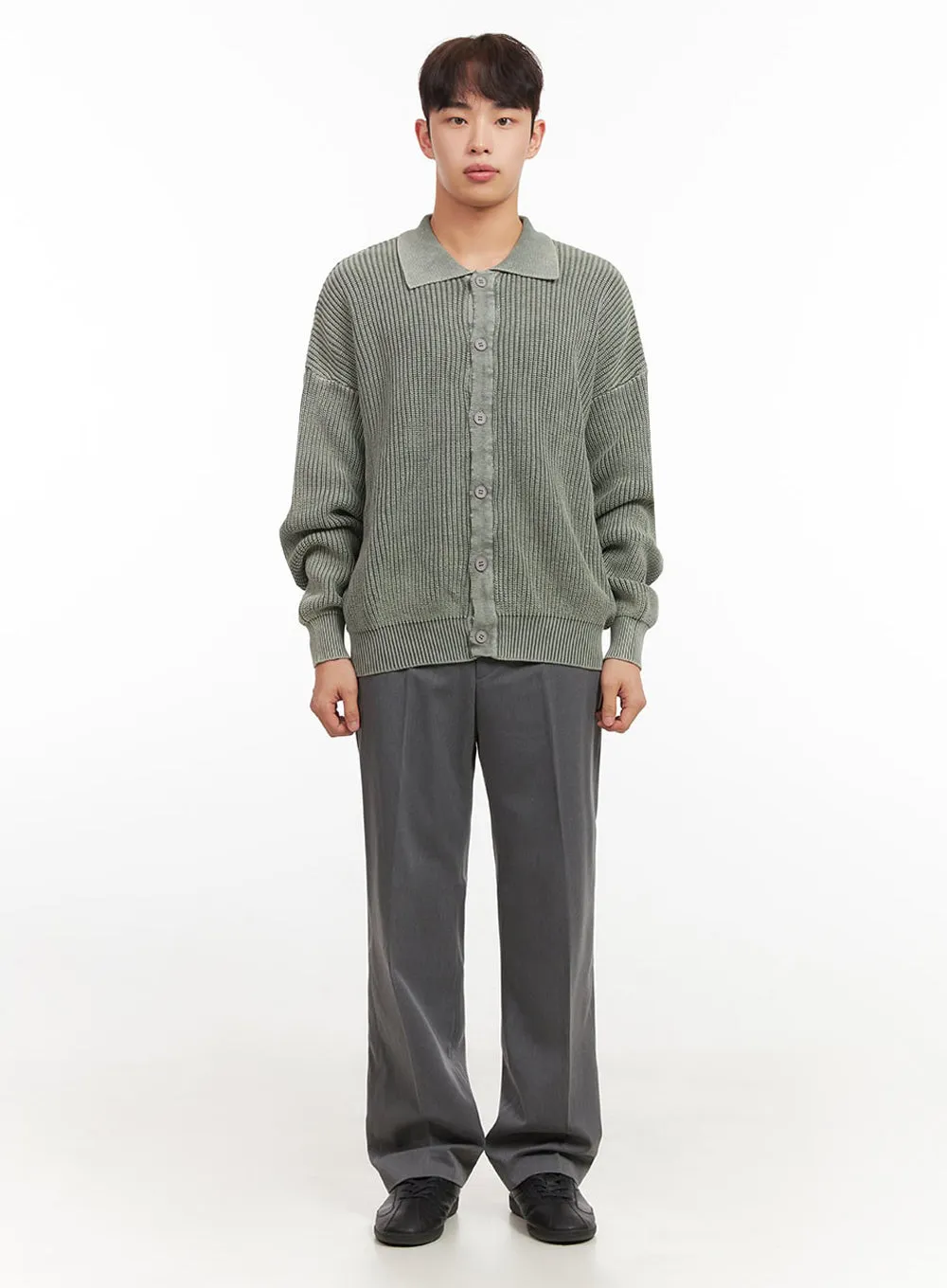 Men's Ribbed Washed Buttoned Collar Cardigan IF517
