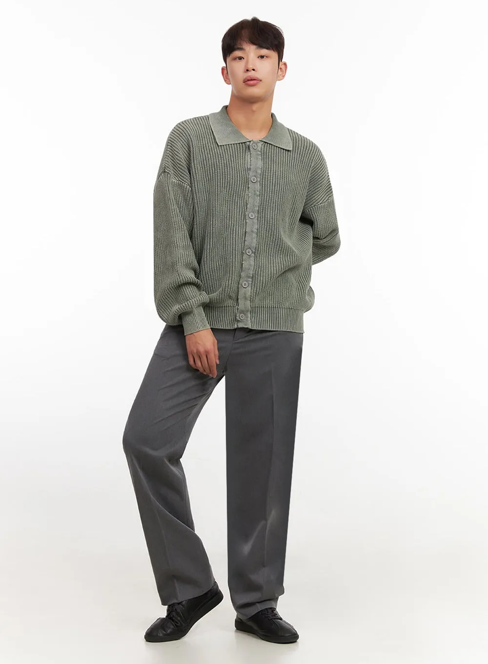Men's Ribbed Washed Buttoned Collar Cardigan IF517