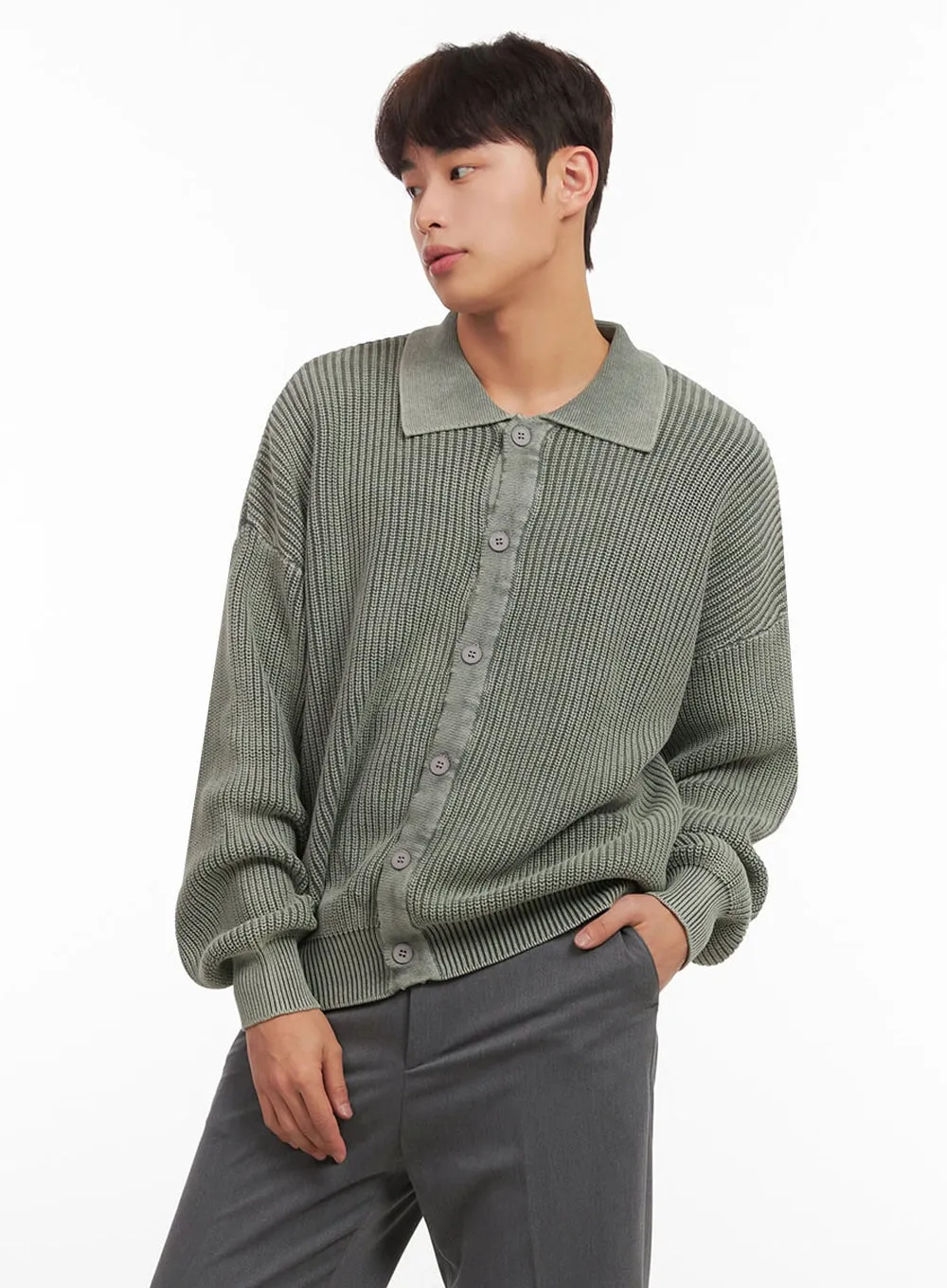 Men's Ribbed Washed Buttoned Collar Cardigan IF517