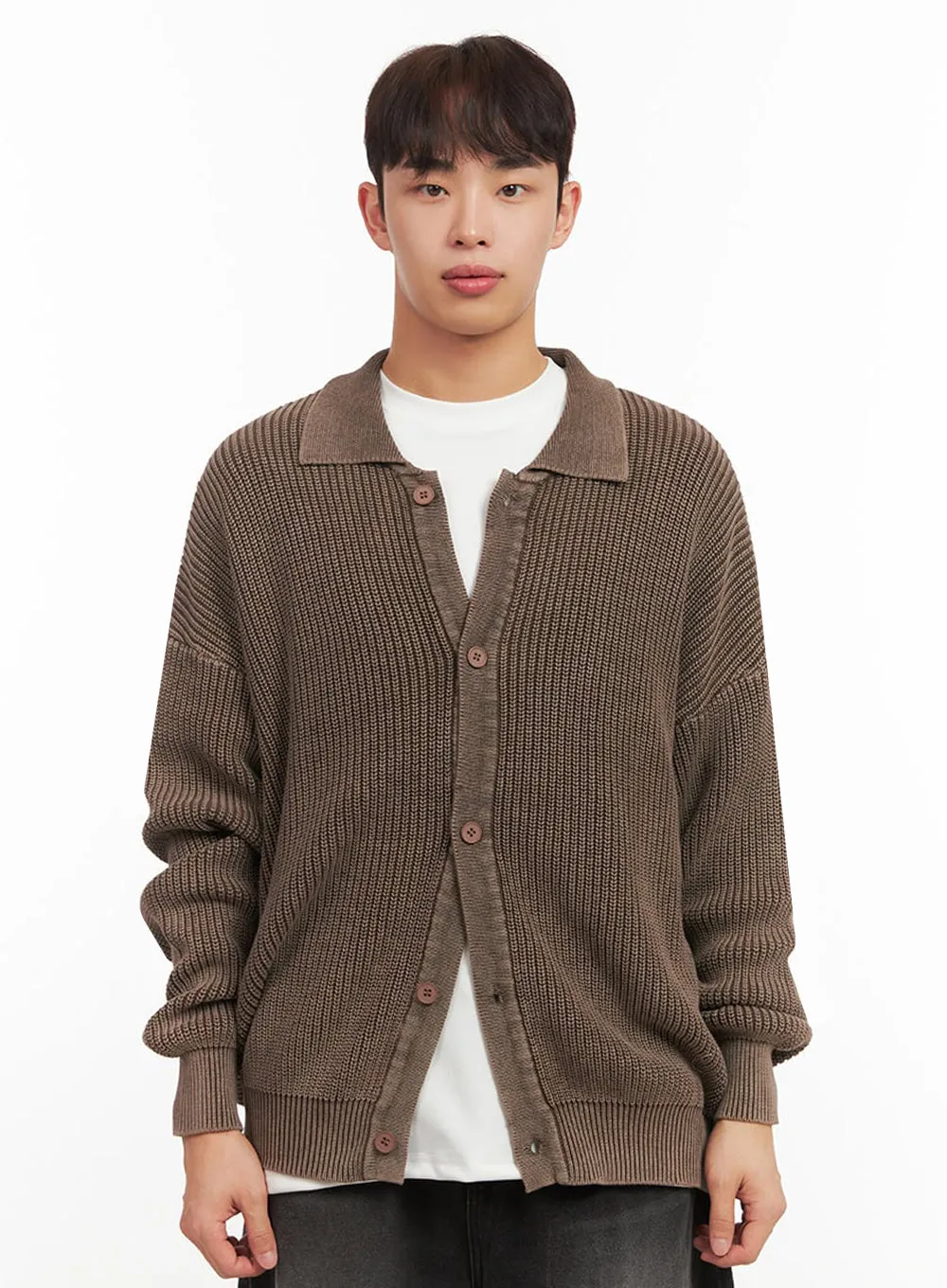 Men's Ribbed Washed Buttoned Collar Cardigan IF517