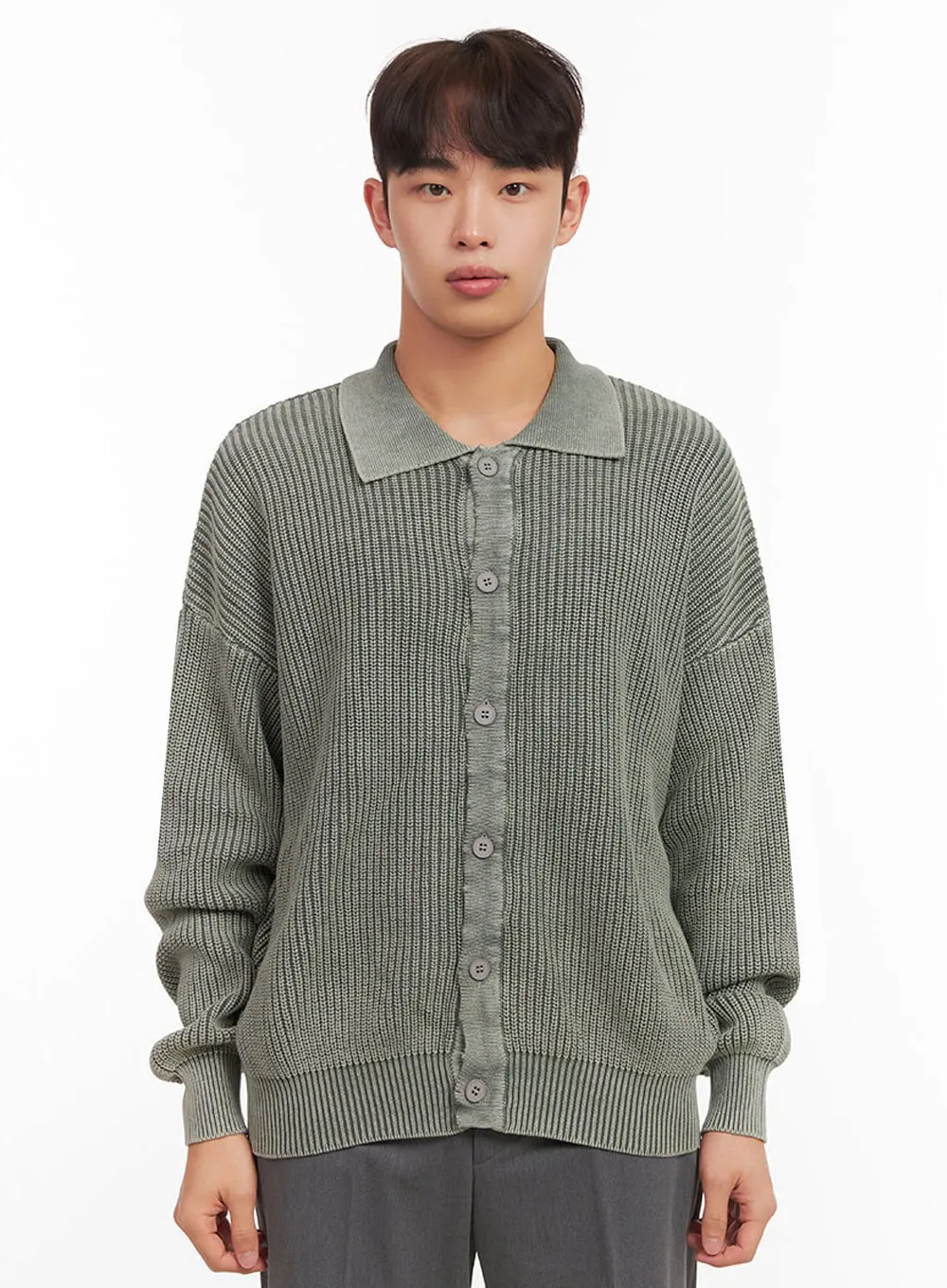 Men's Ribbed Washed Buttoned Collar Cardigan IF517