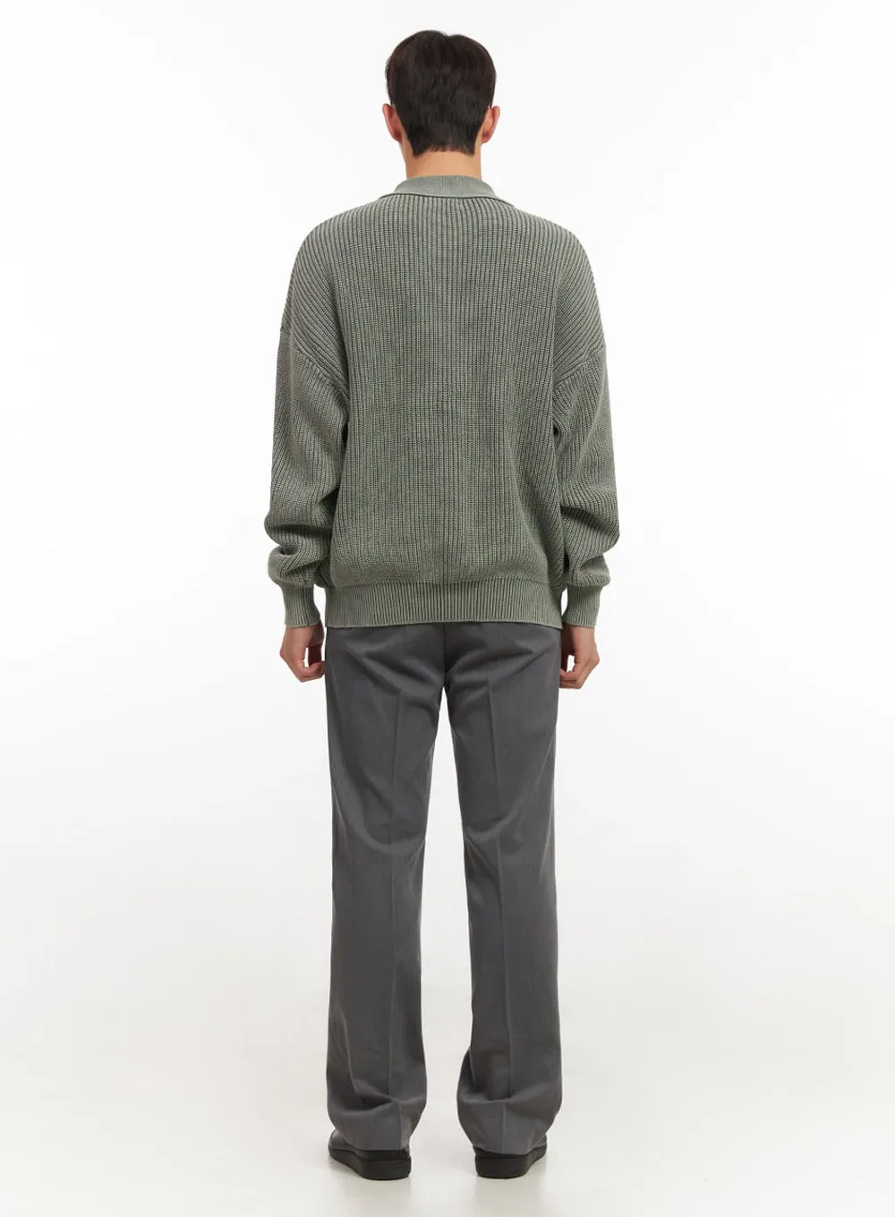 Men's Ribbed Washed Buttoned Collar Cardigan IF517