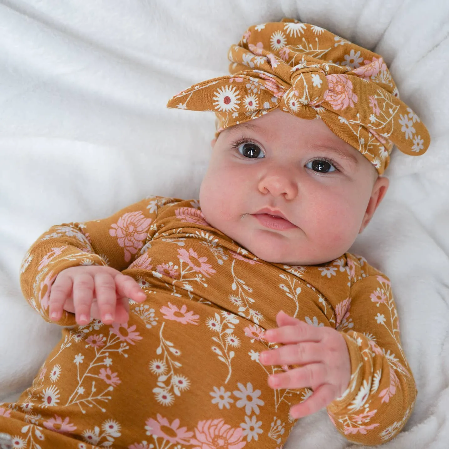 Mustard Floral Bamboo Knotted Gown Newborn Baby Gift Set