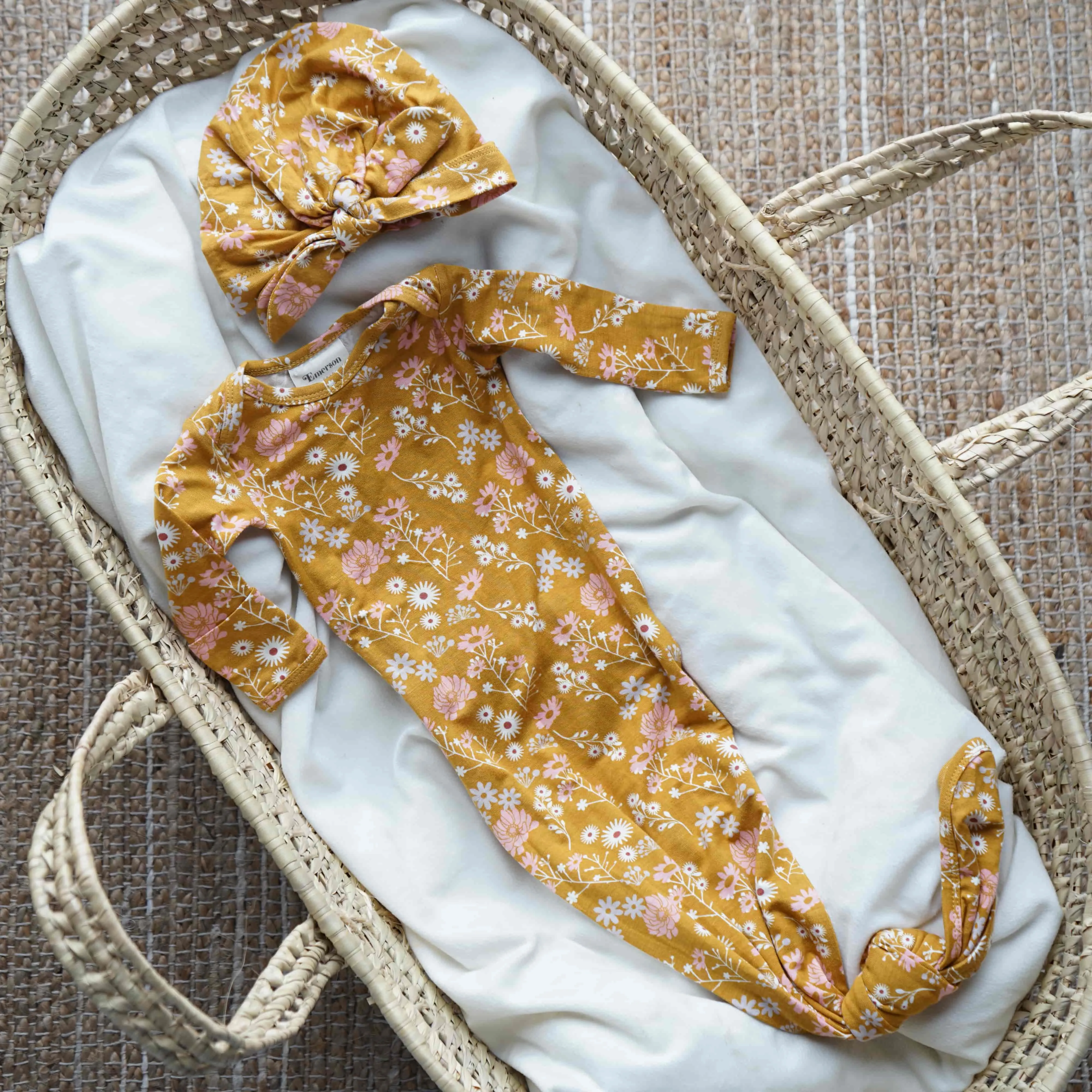 Mustard Floral Bamboo Knotted Gown Newborn Baby Gift Set