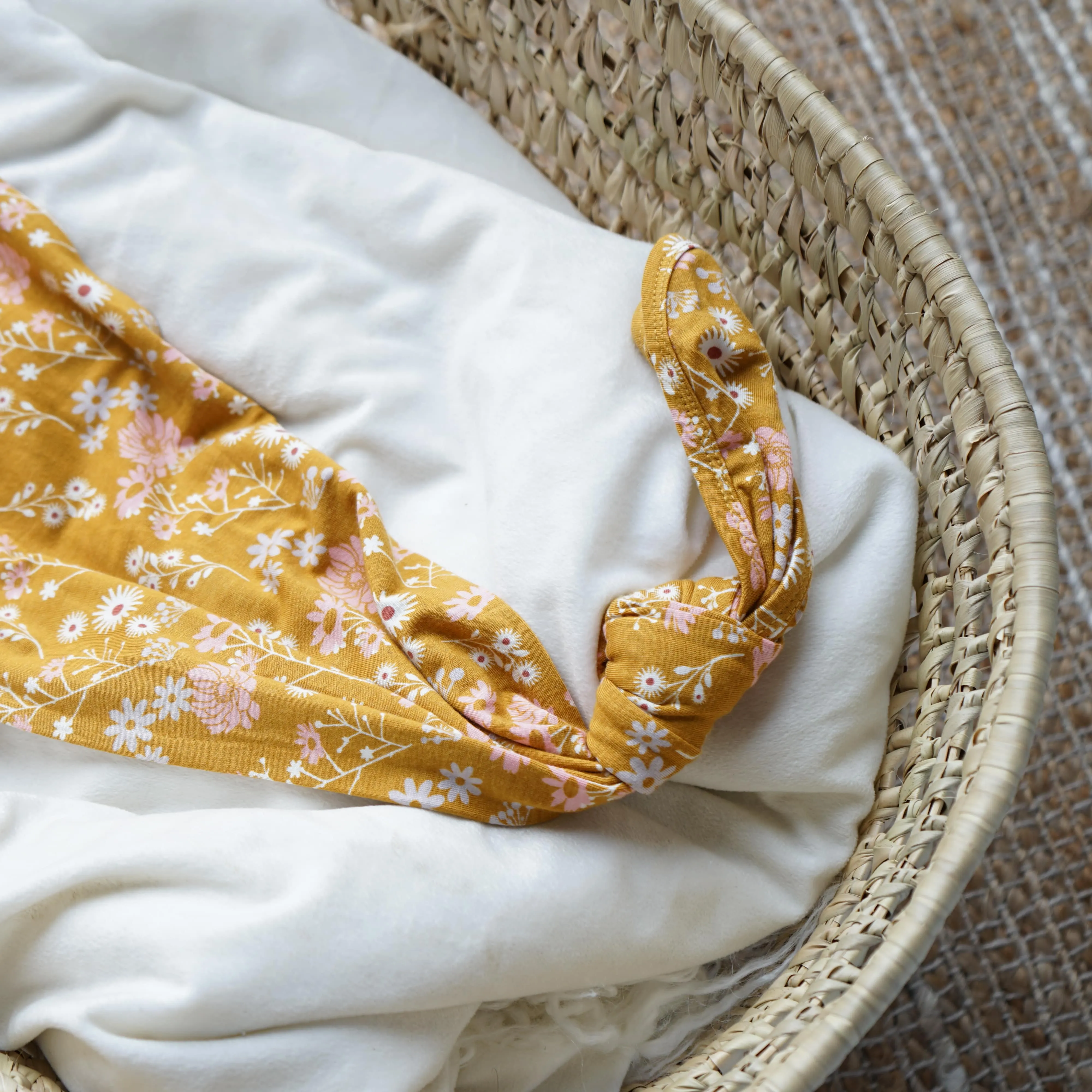 Mustard Floral Bamboo Knotted Gown Newborn Baby Gift Set