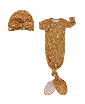 Mustard Floral Bamboo Knotted Gown Newborn Baby Gift Set