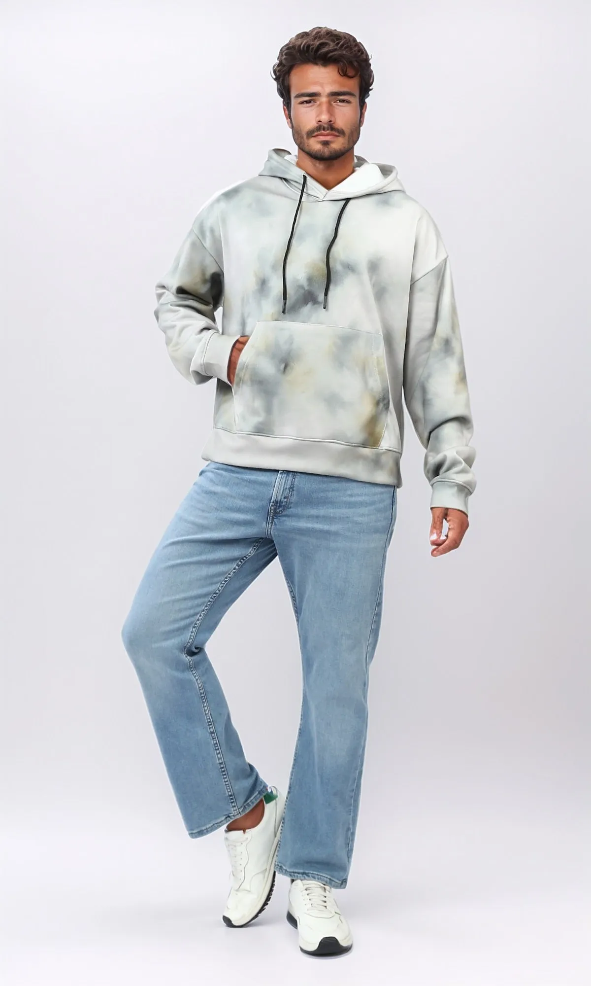 o197318 - Tie Dye Slip On Comfy Winter Hoodie - Beige & Black