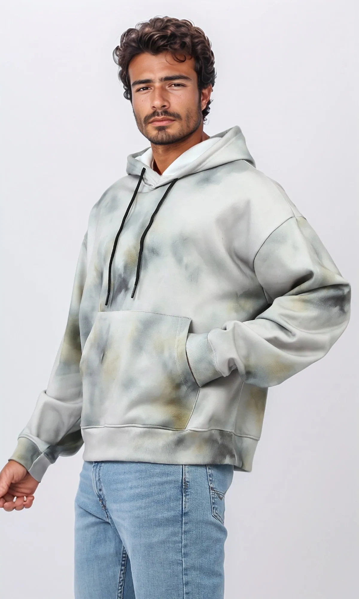 o197318 - Tie Dye Slip On Comfy Winter Hoodie - Beige & Black