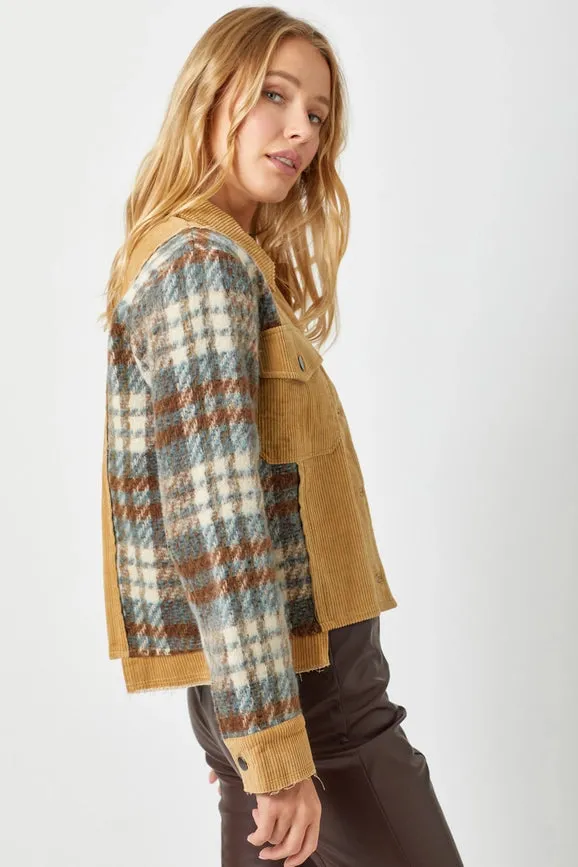 Plaid Sleeve Corduroy Jacket Camel