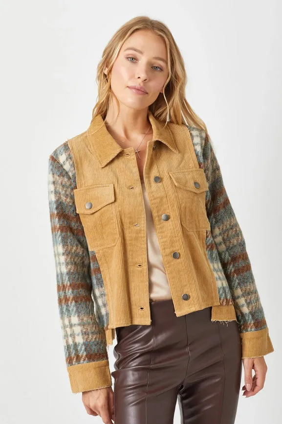Plaid Sleeve Corduroy Jacket Camel