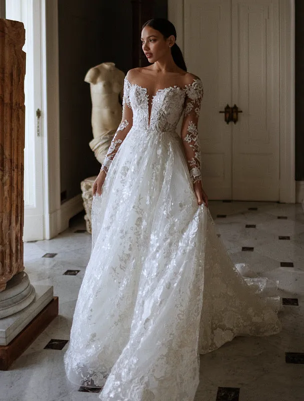 Princess White long Sleeves Sparkly Ball Gown White Wedding Dress