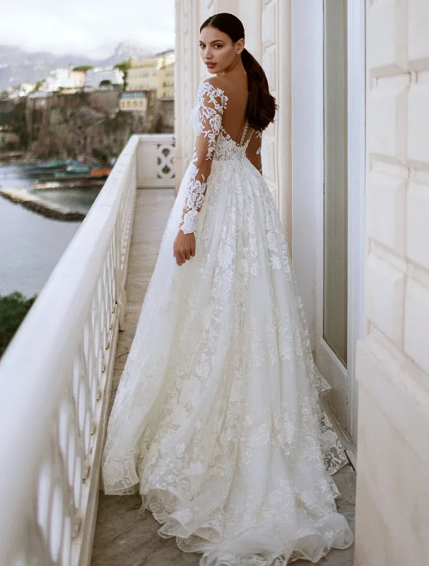 Princess White long Sleeves Sparkly Ball Gown White Wedding Dress
