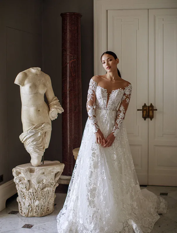 Princess White long Sleeves Sparkly Ball Gown White Wedding Dress