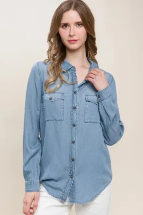 Scooped Hem -  Button Up Denim Shirt - long shirt