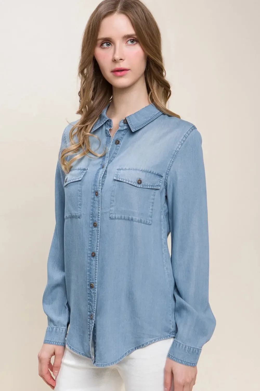Scooped Hem -  Button Up Denim Shirt - long shirt