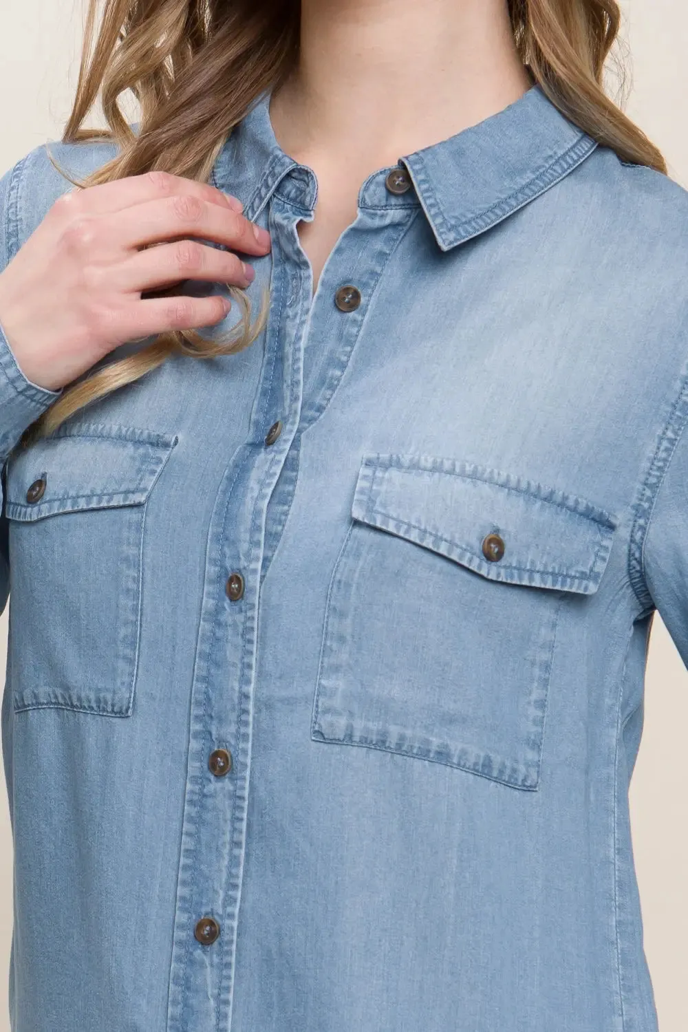 Scooped Hem -  Button Up Denim Shirt - long shirt