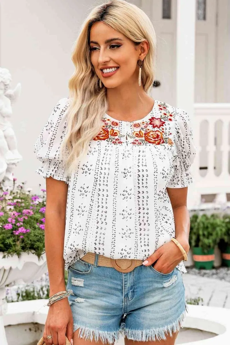 Whispering Winds Short Sleeve Embroidery Blouse